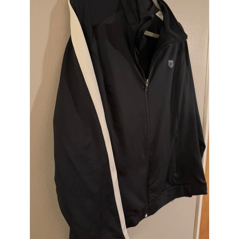 K-Swiss Mens Track Jacket Black White Full Zip Athletic Sportswear XL fits L